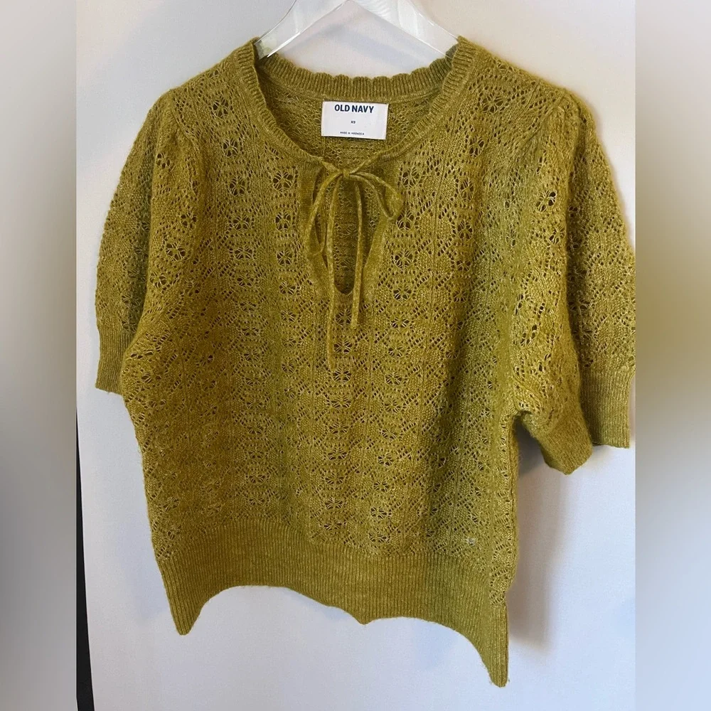Puff-Sleeve Tie-Neck Pointelle Sweater Open Knit XS